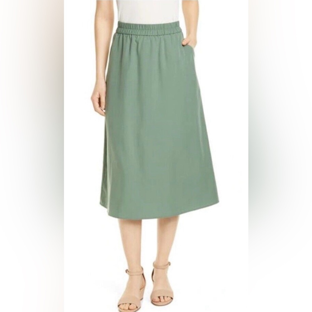 Eileen Fisher Green Pleated A-Line Midi Skirt